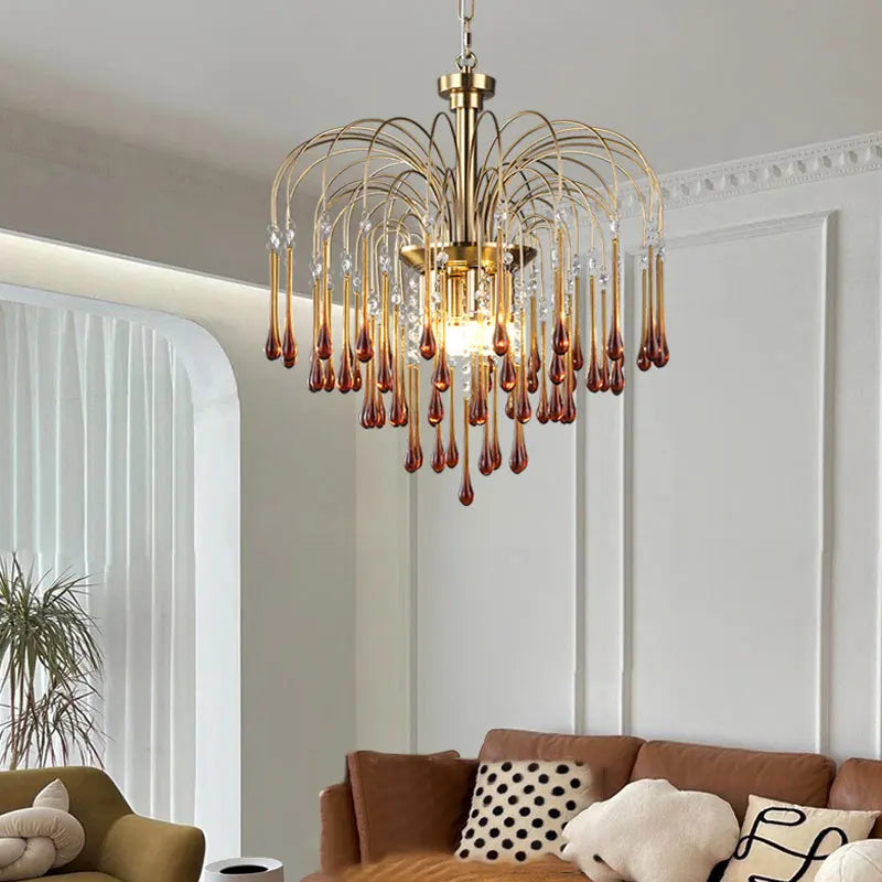 Retro Nordic Style Chandelier - Handmade Red Glass with Gold Accents