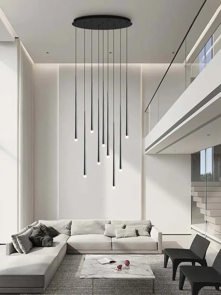 Modern Black LED Staircase Chandeliers Round Tube Long Line Hanging Lamps For Stair Island Nordic Attic Indoor Lighting Fixtures