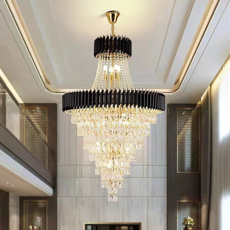 Modern Duplex Black Crystal Big Chandelier