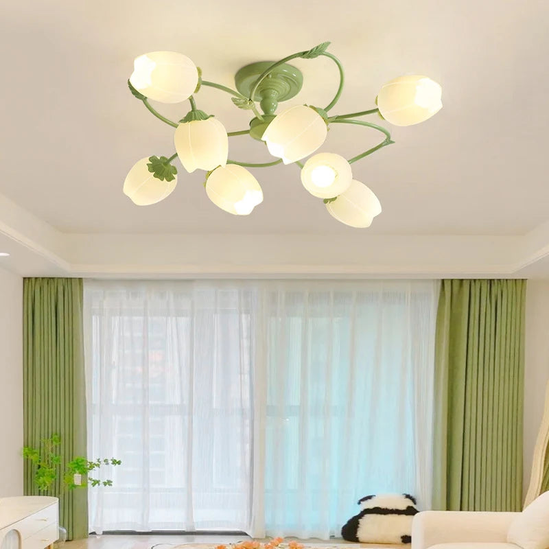 Romantic Glass Tulip White Ceiling Chandeliers - Remote Controlled LED Lighting Fixture for Living Room, Nordic Hanging Lamps