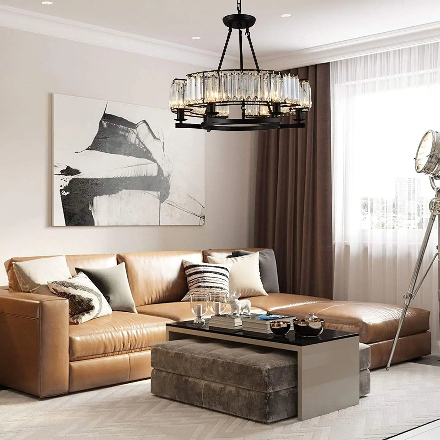 Luxury Round Black Frame Chandelier with K9 Crystal Pendant Light