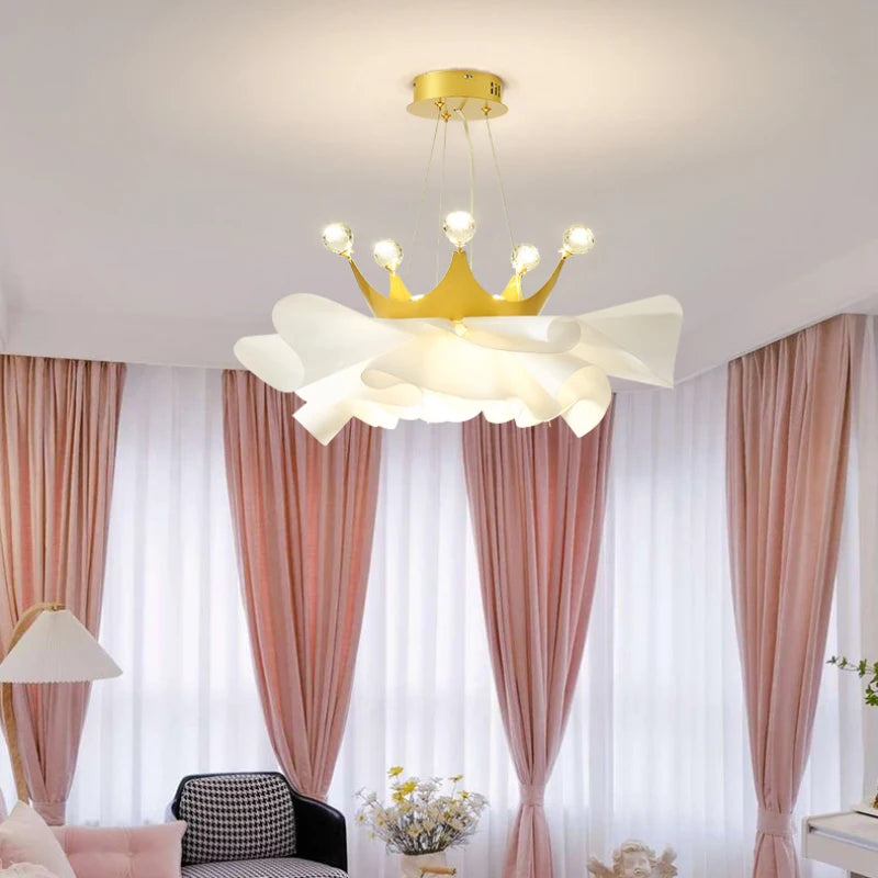 Modern Minimalist Gold Crown Crystal Chandelier - Elegant Lighting for Bedroom and Princess-themed Decor