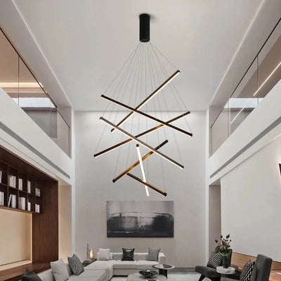 Remote-Controlled Black Stair Chandelier: Modern LED Lighting for Long Lines