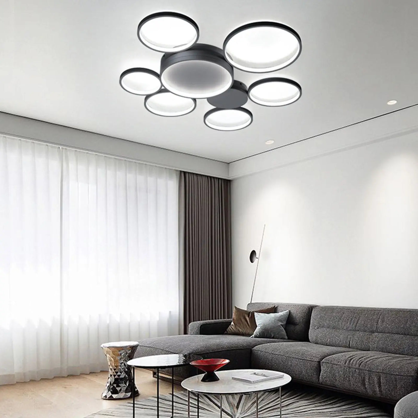 Modern Minimalist Flush Mount LED Ceiling Light - 7 Rings Design with Remote Control for Living Room, Bedroom