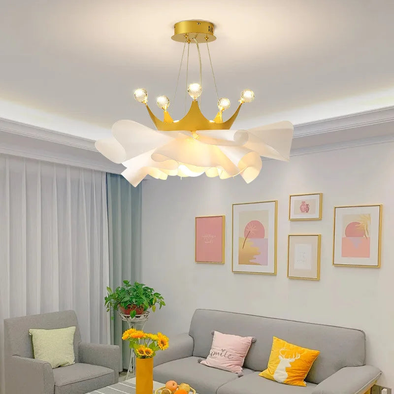 Modern Minimalist Gold Crown Crystal Chandelier - Elegant Lighting for Bedroom and Princess-themed Decor