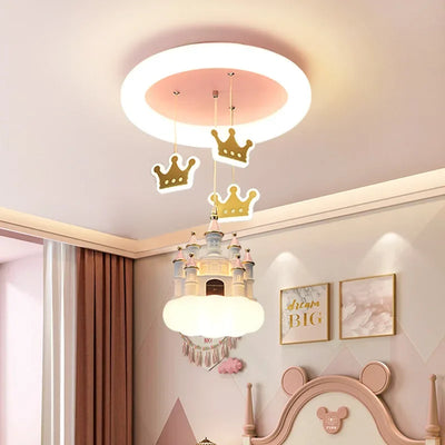 Enchanting Pink Fantasy Castle Crown LED Chandelier - Perfect for Children's Rooms