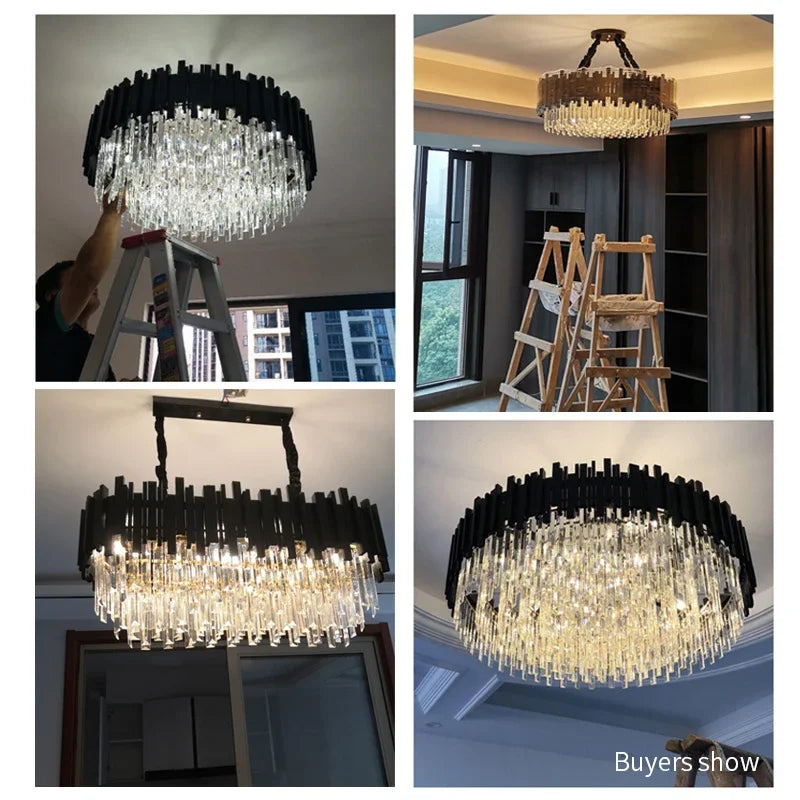 Modern Crystal Chandelier Black for Living Room Bedroom LED Pendant Light Oval Long Dining Room Hotel Hall Decor Hanging Lamp