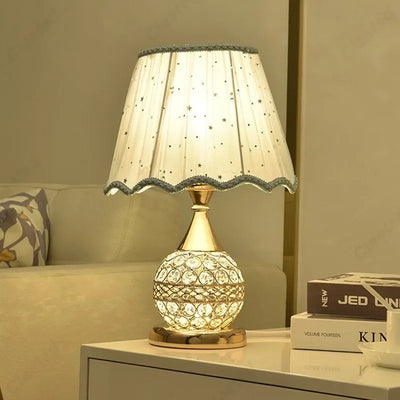 Luxury European Style LED Table Lamp with Fabric Lampshade & Crystal Base – Warm Romantic Bedroom Bedside Light