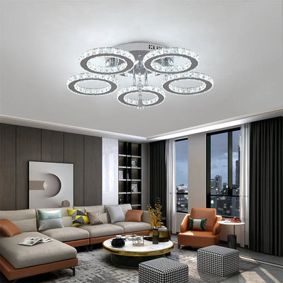 Modern Crystal Chandelier with App Dimmable Ceiling Light Fixture - Elegant Rings Shape Flush Mount for Bedroom Living Room