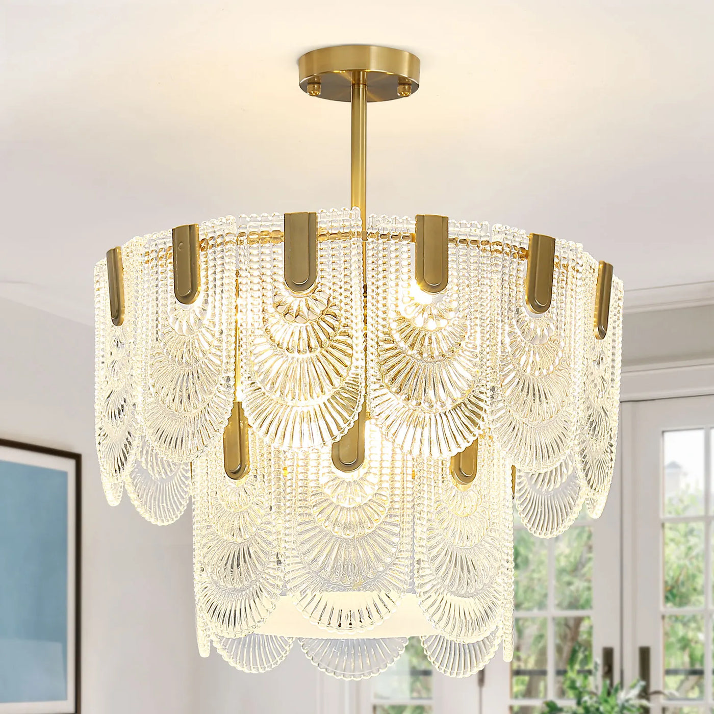 Depuley 6-Light Gold Crystal Chandelier - 2-Tier Semi Flush Mount, 20" Modern Ceiling Light