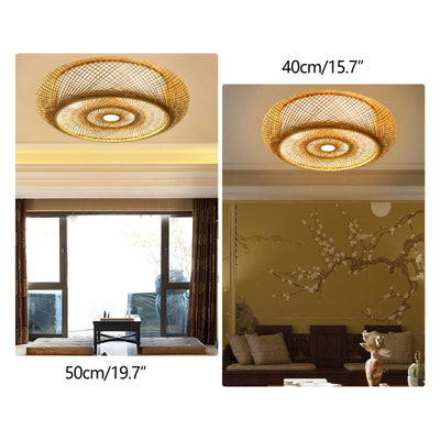 E27 Bamboo Flush Mount Ceiling Light - Rustic Rattan Ceiling Fixture Hanging Lamp (3-Lamp)