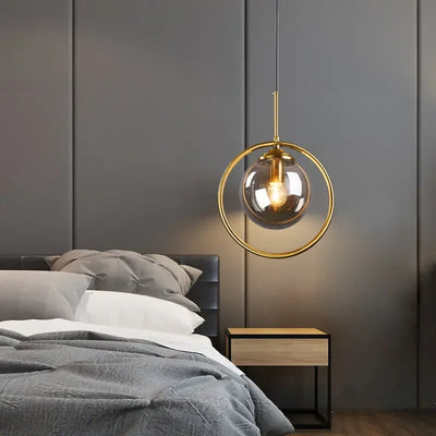 Modern Glass Ball Pendant Lighting Fixture Golden Ring Kitchen Dining Room Bedside Hanging Lamps Luminaire Suspension Lights