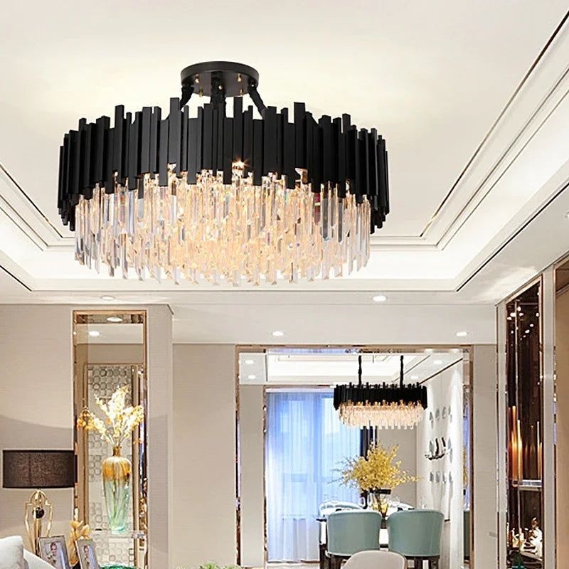 Modern Crystal Chandelier Black for Living Room Bedroom LED Pendant Light Oval Long Dining Room Hotel Hall Decor Hanging Lamp