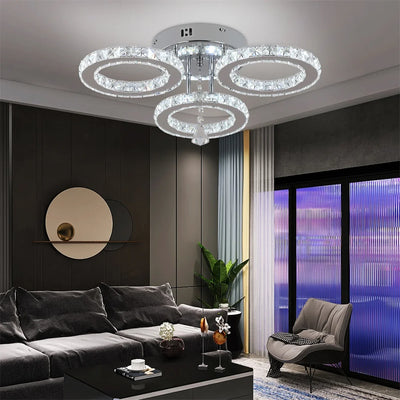 Modern Crystal Chandelier with App Dimmable Ceiling Light Fixture - Elegant Rings Shape Flush Mount for Bedroom Living Room