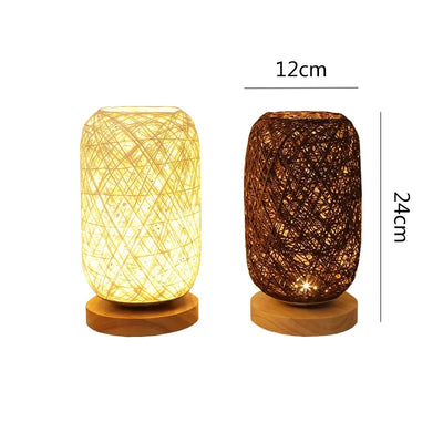 Rustic Rattan Twine Ball Table Lamp with Wooden Base - USB and EU Plug