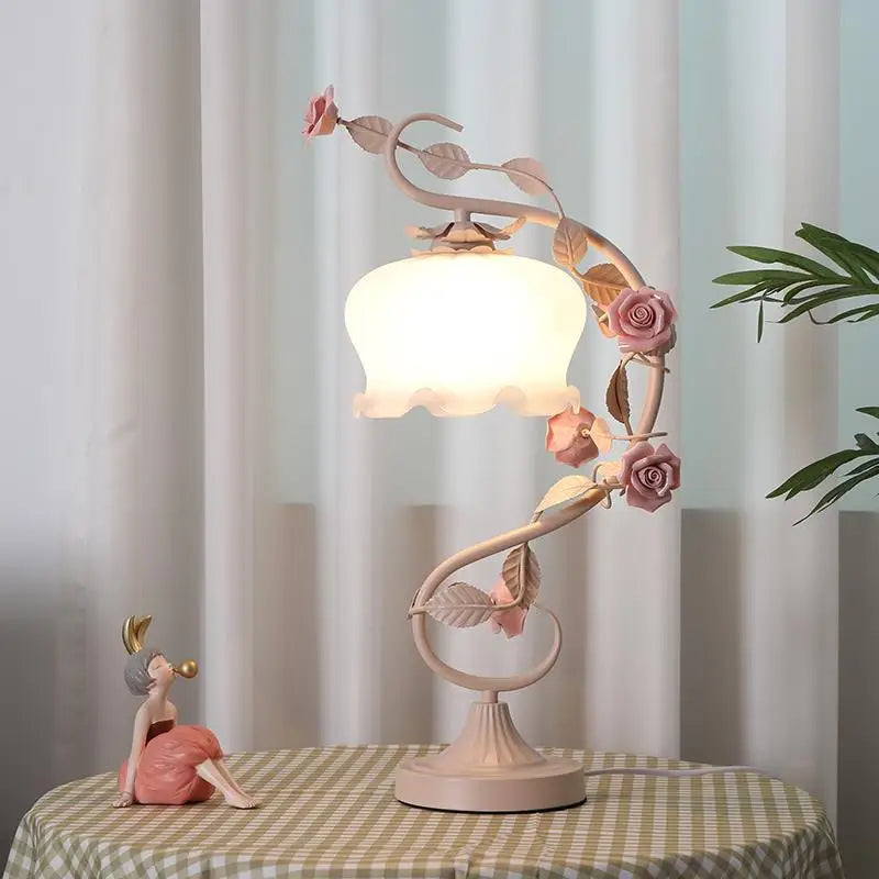 Idyllic Decoration Table Lamp – Princess Wedding Bedroom Warm Bedside Lamp with Art Rose Flower Design