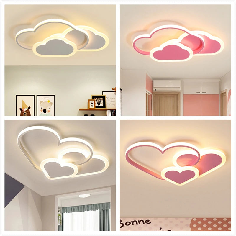 LED Ceiling Lamp for Children's Room - Heart Shape Pink Cloud Star Chandelier Light