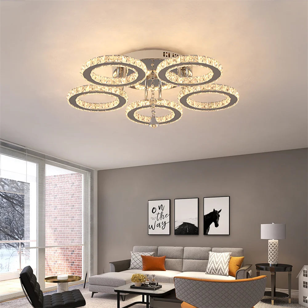 Modern Crystal Chandelier with App Dimmable Ceiling Light Fixture - Elegant Rings Shape Flush Mount for Bedroom Living Room