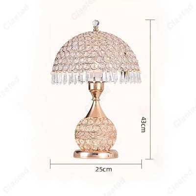 Luxury European Style LED Table Lamp with Fabric Lampshade & Crystal Base – Warm Romantic Bedroom Bedside Light