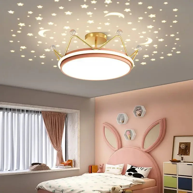 Crown LED Dimmable Ceiling Chandelier – Star and Moon Lamp Pendant for Children's Bedroom and Study