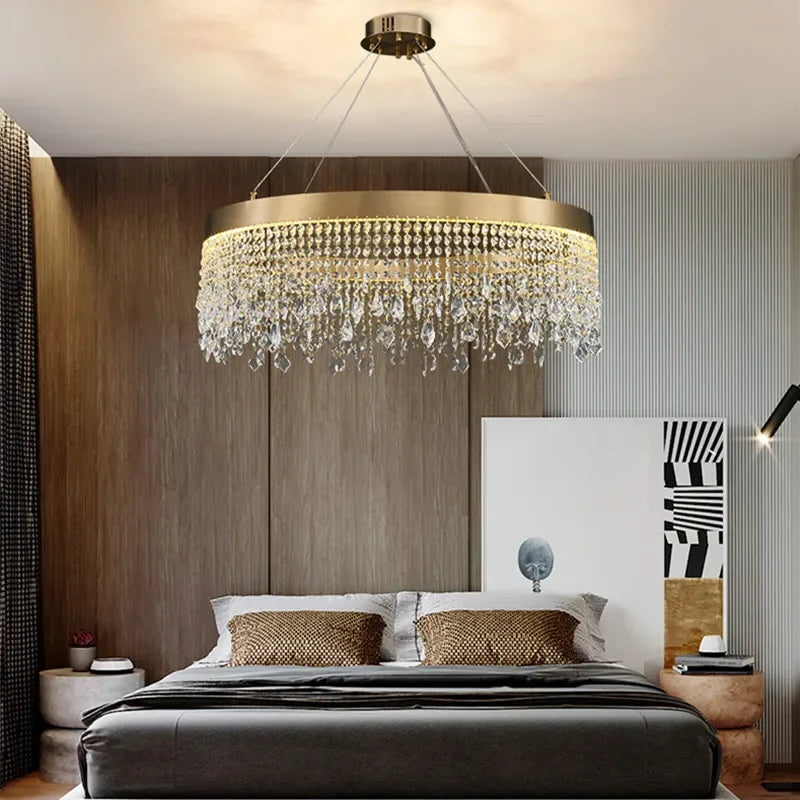 Luxury Glossy Golden Crystal LED Chandelier - Easy Installation Pendant Light for Living Room