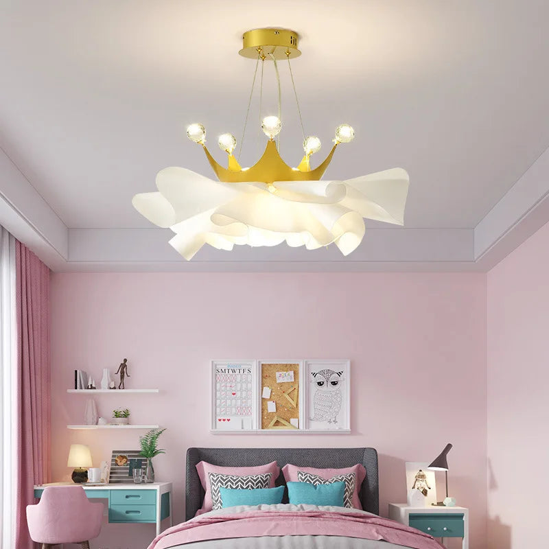 Modern Minimalist Gold Crown Crystal Chandelier - Elegant Lighting for Bedroom and Princess-themed Decor