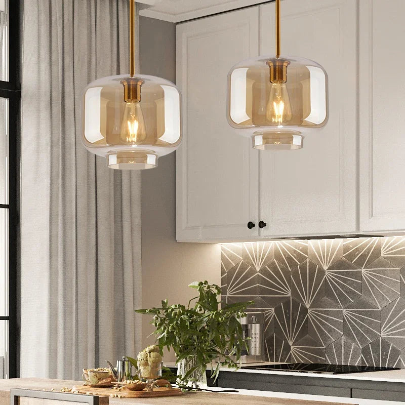 Modern Nordic Amber Glass Pendant Lamp - Elegant LED Hanging Lights for Versatile Interior Decor