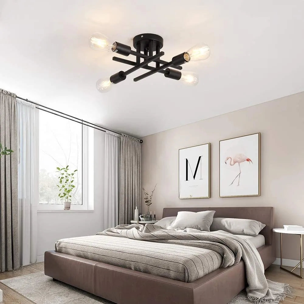 Contemporary LED Industrial Chandelier - Semi Flush Mount Ceiling Lights with 4 Heads for Kitchen, Dining, Bedroom