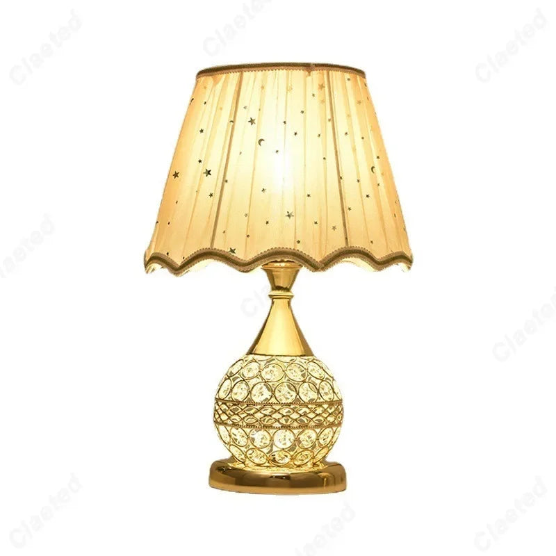 Luxury European Style LED Table Lamp with Fabric Lampshade & Crystal Base – Warm Romantic Bedroom Bedside Light