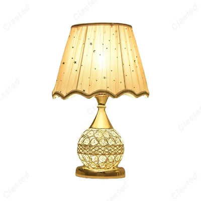 Luxury European Style LED Table Lamp with Fabric Lampshade & Crystal Base – Warm Romantic Bedroom Bedside Light