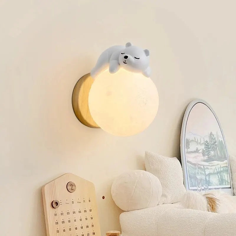 Modern Sleeping Bear Moon Wall Lamp for Boys and Girls Room