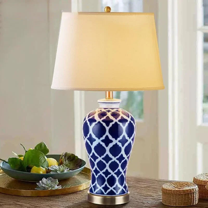 Elegant Classical Blue Ceramic Lamp - Traditional Blue and White Porcelain Desk Lamp for Bedroom, Living Room, and Study