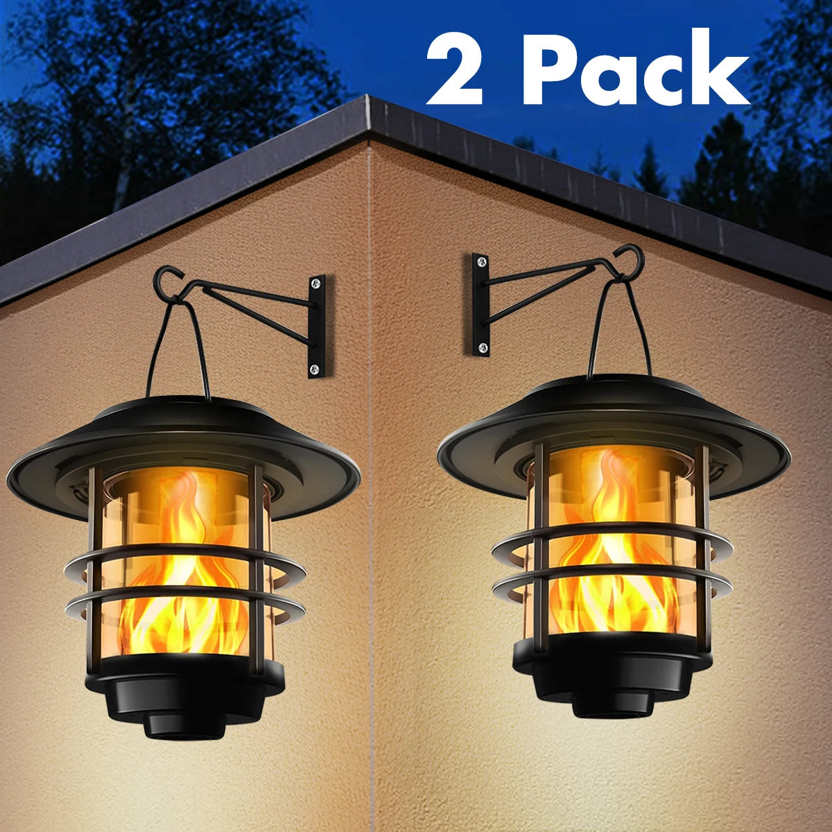 2-Pack Solar Wall Lanterns with Flickering Flame Effect for Outdoor Use