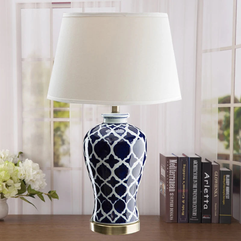 American Modern Hand Painted Blue and White Ceramic Table Lamp - Living Room Decorative Table Lamp - Bedroom Bedside Lamp