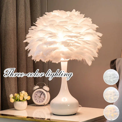 Modern Feather Bedroom Table Lamp - LED USB Bedside Night Light in White/Black