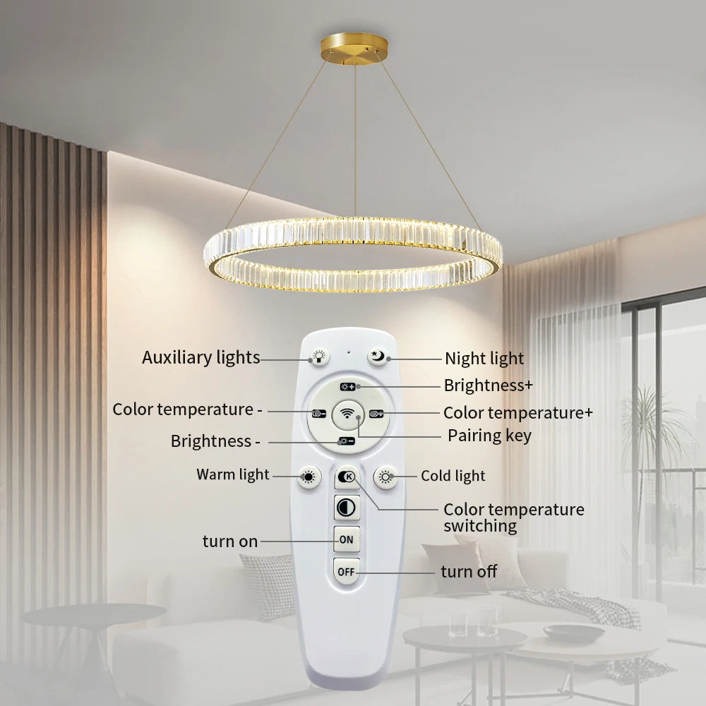 Modern Luxury Crystal LED Chandelier Lighting - Golden Ceiling Lamp Fixture for Dining Room, Living Room, Kitchen, and Bedroom