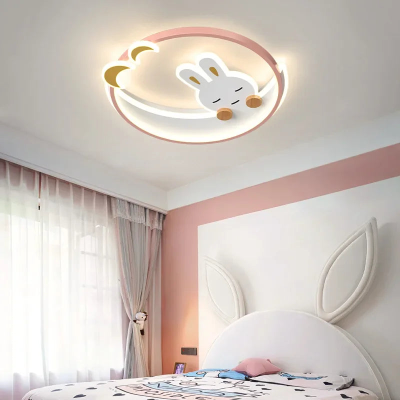 Children's Crescent Moon White Rabbit Ceiling Lamp Chandelier - Whimsical Illumination for Kids' Rooms