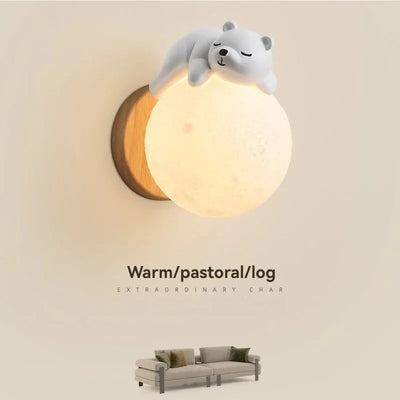 Modern Sleeping Bear Moon Wall Lamp for Boys and Girls Room