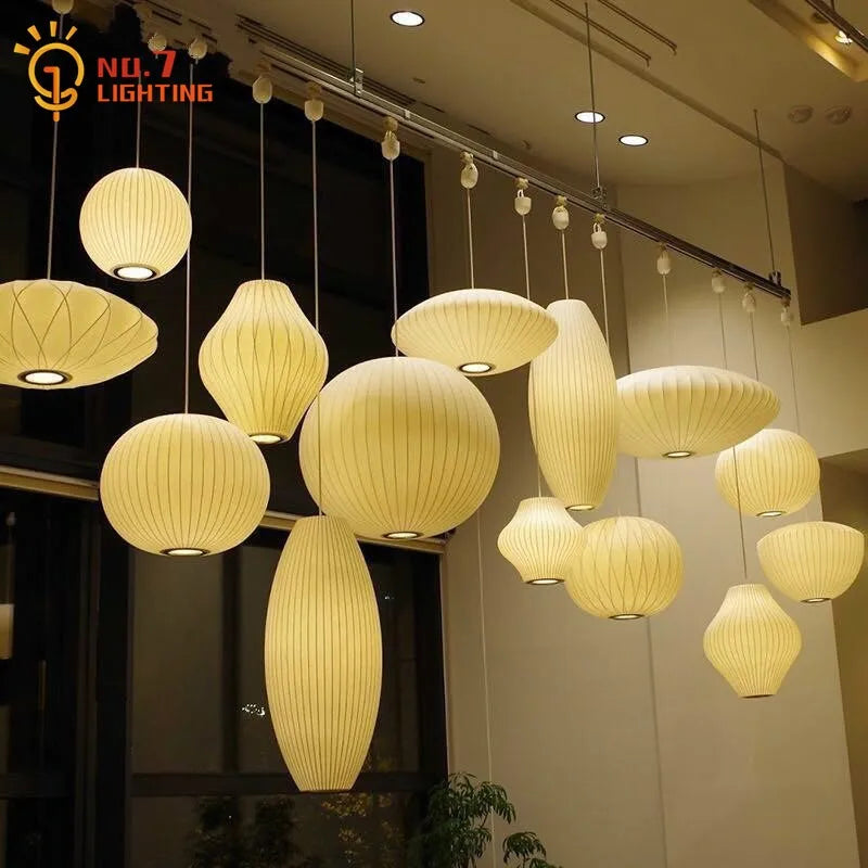 Japanese Design Minimalist White Silk Pendant Lights - LED Decorative Hanging Lamp for Home, Restaurant, and Kitchen Island