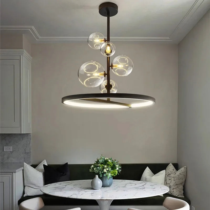 Nordic LED Pendant Lights - Modern Black Art Iron 5-Head Clear Bubble Suspension for Dining Room and Kitchen Island