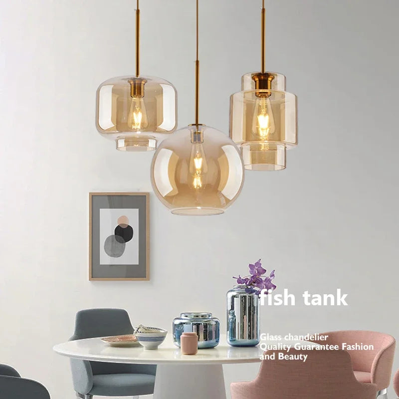 Modern Nordic Amber Glass Pendant Lamp - Elegant LED Hanging Lights for Versatile Interior Decor