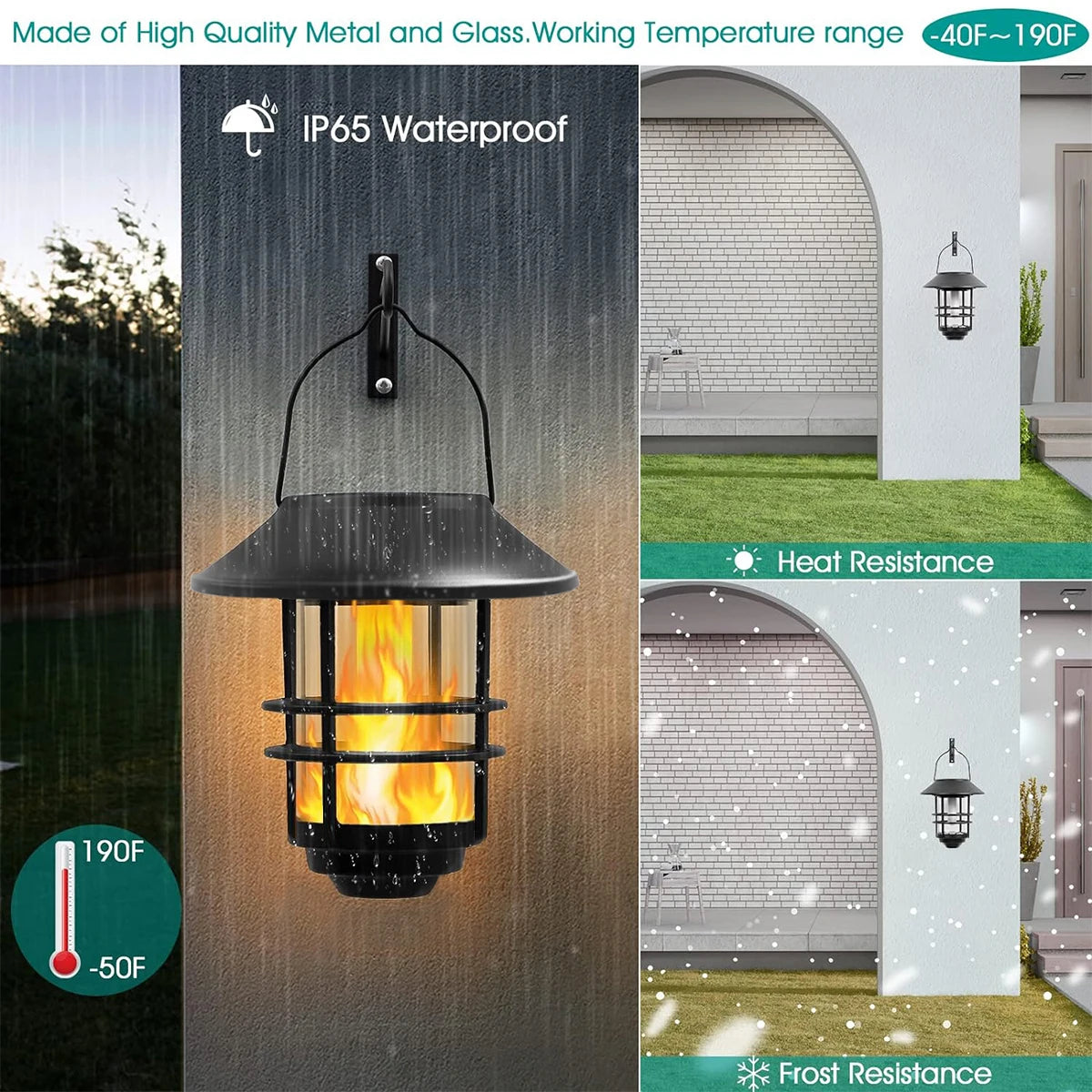 2-Pack Solar Wall Lanterns with Flickering Flame Effect for Outdoor Use