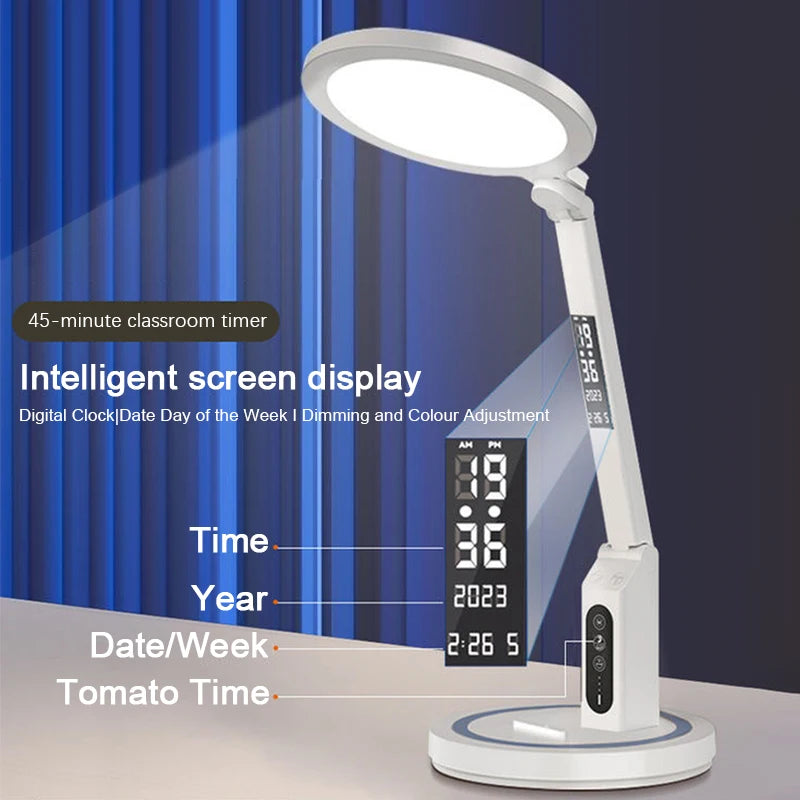 LED Clock Table Lamp – Dimmable, Foldable, and USB Rechargeable Desk Lamp for Eye Protection