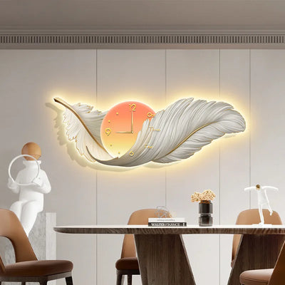 Elegant LED Wall Lamp with Feather Design and Integrated Clock for Modern Home Decor