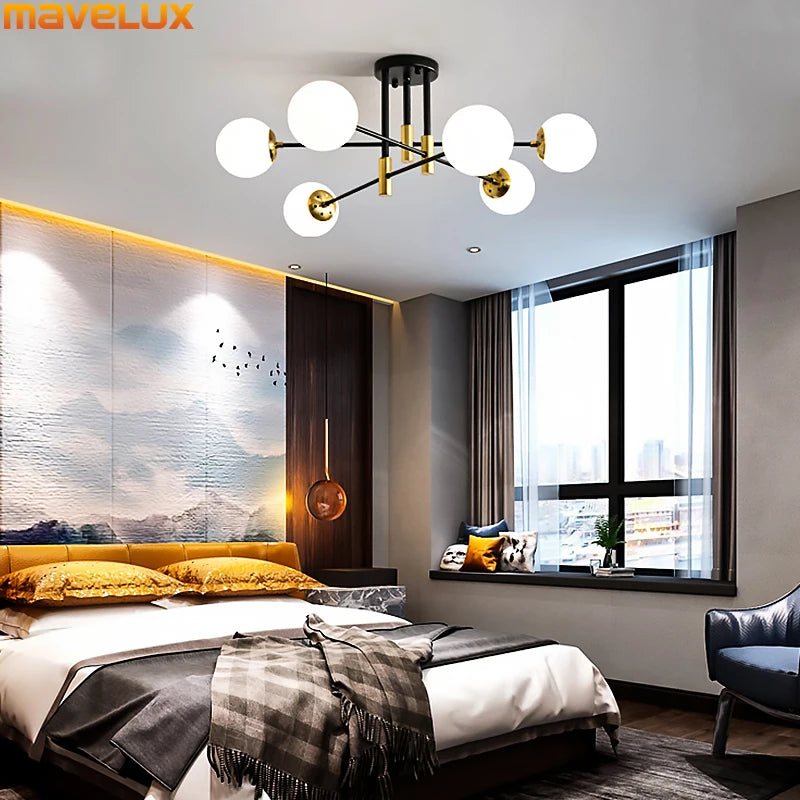 Modern LED Chandelier with Glass Ball Ceiling Light – Multi-Head Fixture for Bedroom, Living Room, Dining Room, Kitchen, and Study