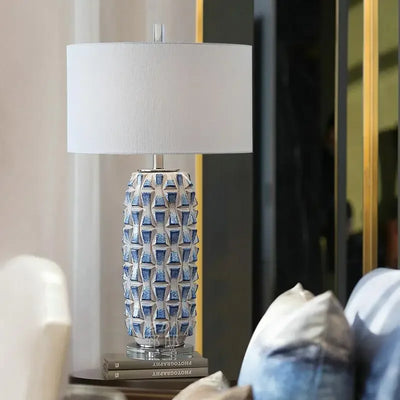 Elegant Blue Ceramic Table Lamp with Prismatic Crystal Ornaments - Modern Lighting for Living Room and Bedroom Décor