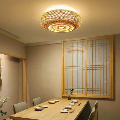 E27 Bamboo Flush Mount Ceiling Light - Rustic Rattan Ceiling Fixture Hanging Lamp (3-Lamp)