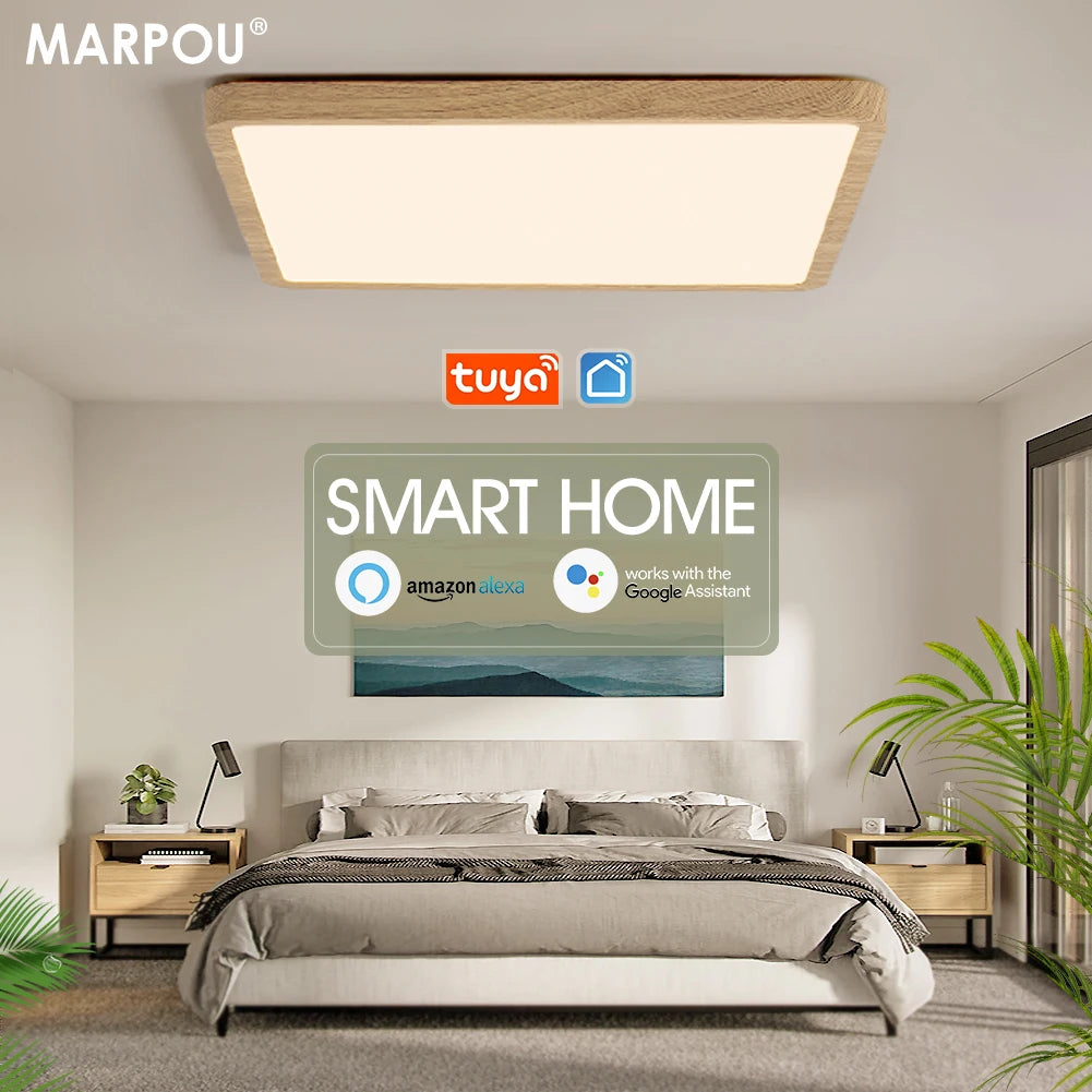 MARPOU Smart LED Ceiling Lamp - Wood Grain, App & Voice Control with Alexa/Google, Remote Control, Square Ceiling Light for Living Room