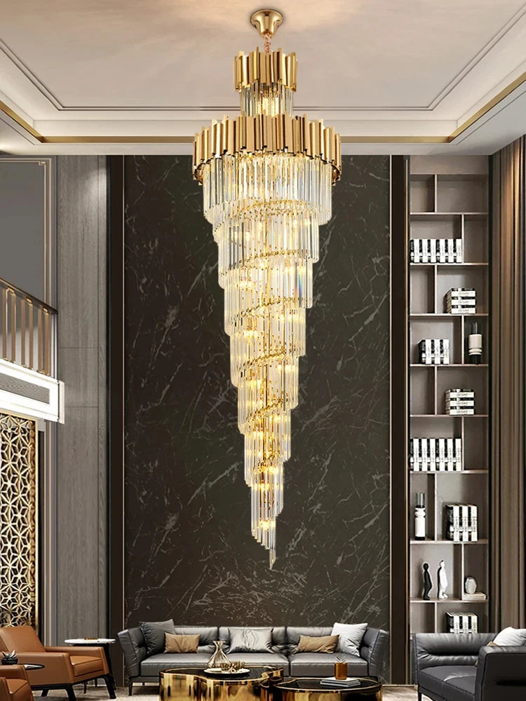 Luxury Stainless Steel Multi-layer Top Long Crystal Chandelier Lighting for Hotel Theater, Villa - Grand Living Room Lustres