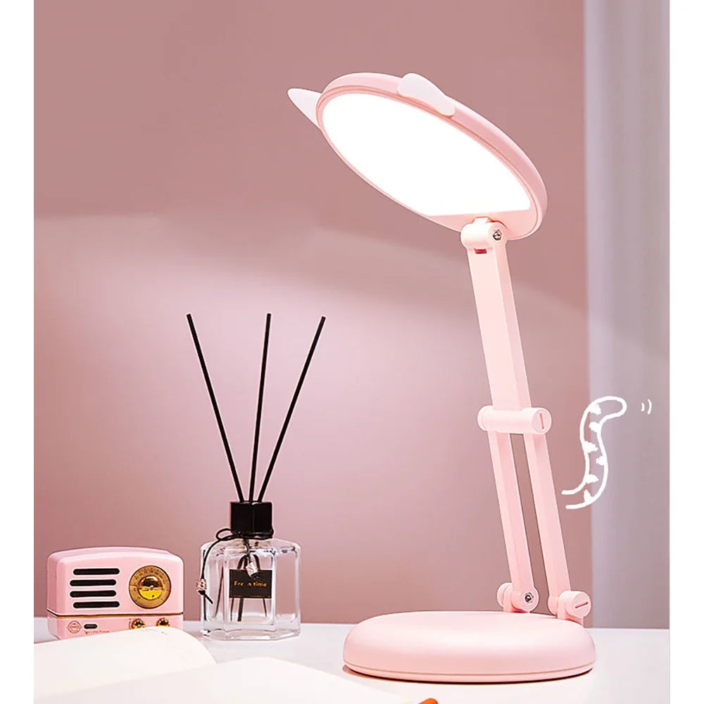 Adorable Folding Pink Cat Ear Desk Lamp - Portable Eye Protection Night Light for Reading and Learning